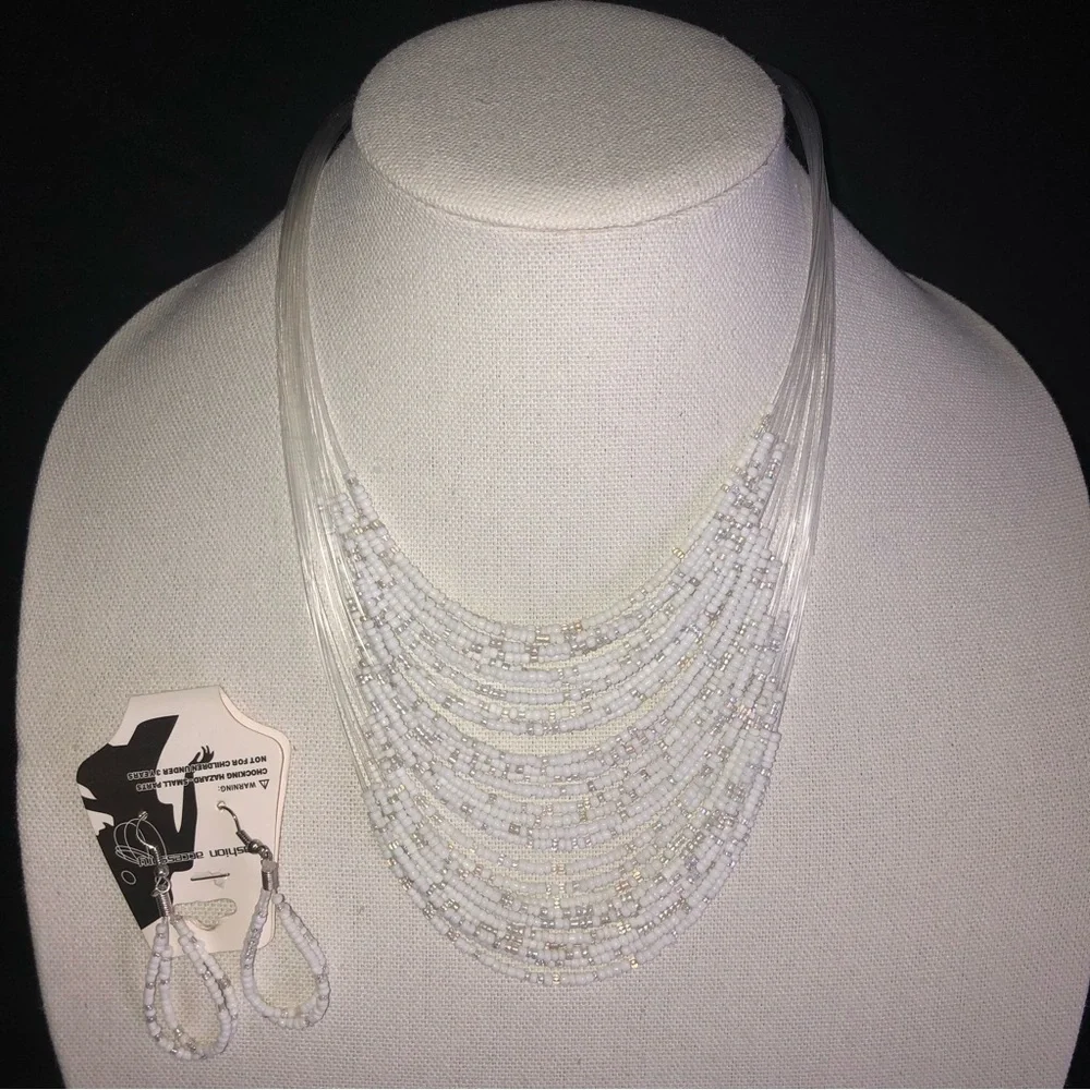Fashion Accessory White & Iridescent Bead Necklace and Earring Set - Picture 9 of 9